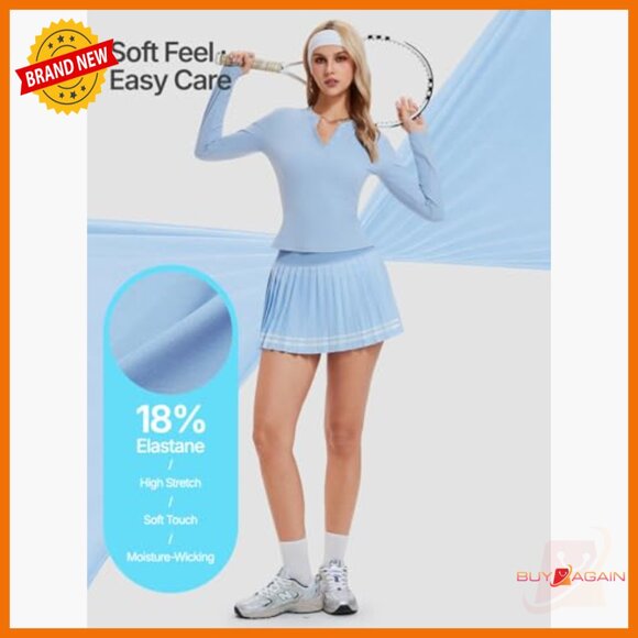 Long Sleeve Henley Top & Pleated Skort Tennis Set - Slim Fit Athletic Outfit - Picture 4 of 7